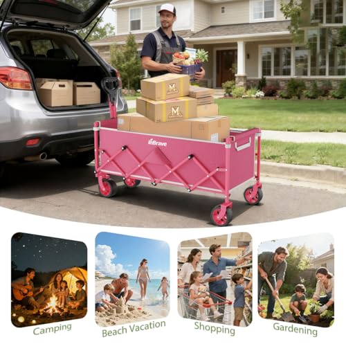 34" Extra Long Collapsible Wagon Cart, 480LBS Capacity, Rose Pink - color: Rose Pink
