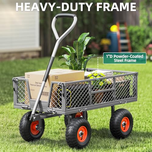 Heavy Duty Garden Cart, 900 lb Steel Wagon with All Terrain Tires | Removable Sides Become Flatbed, 180° Rotating Handle,for Yard, Garden, Hauling - color: 900lb|gray&orange