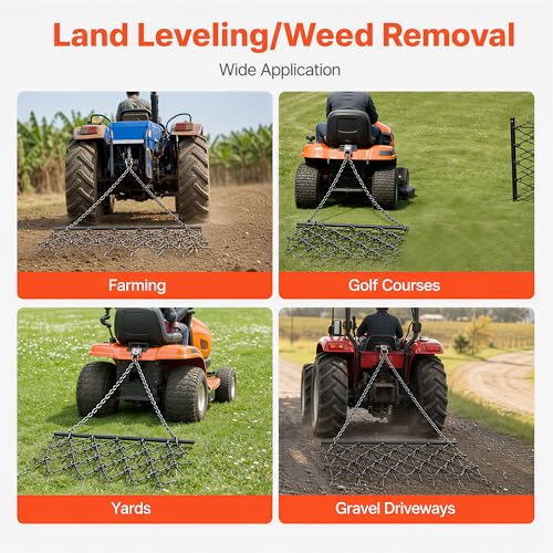 4FT Heavy Duty Steel Drag Harrow, Field Leveling Chain Rake for ATV UTV Compact Tractors, Black Coated Durable Construction