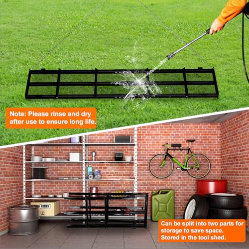 8 Ft Drag Harrow Driveway Grader, Heavy Duty Tow Behind Lawn Rake with 5 Ft Chain, 4 Safety Belts, 2 Adjustable Bars, Driveway Drag for Gravel, Sand, Lawn, Soil, Hay, ATV, UTV, Tractor, Mower, Black