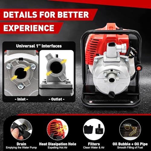 1" Inch Water Transfer Pump,1.7HP 40.2CC 2-Stroke Portable Gas Engine Powered Water Pumps Transfer,Single Cylinder Gasoline,6500 rpm,8,000L/hour