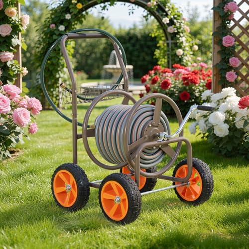250FT Garden Hose Reel Cart, 10" NO-FLAT Tires,5/8 in, Steel Frame - color: Brown