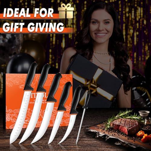 TIVOLI Butcher Knife Set 6 pcs - Game Processing Knife Set 7" Sharpener Rod - size: 10