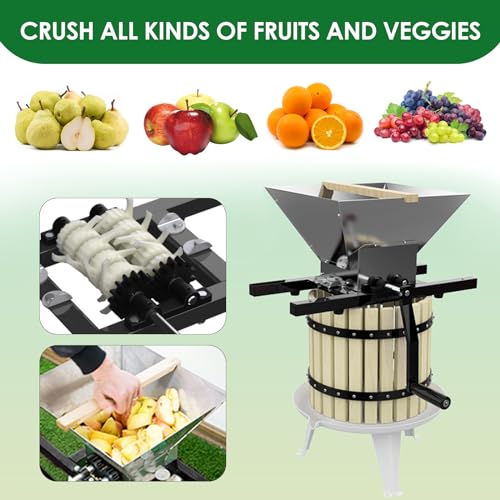 SQUEEZE master Fruit Wine Cider Press - Solid Wood Basket- 4.75 Gallon/18L-T Handle Bar with Fruit Apple Wine Classic Crusher -7 Litre/1.8Gallon Manual Grinder