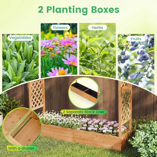 Giantex Raised Garden Bed with Trellis & Hanging Roof, Wood Planter Box with Bottom and Drainage Holes, Freestanding Garden Planter for Flower Vegetable Fruit Herb Climbing Vines, 77"x17"x70"