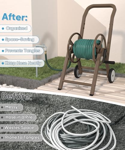 Artigarden Garden Hose Reel Cart with Wheels, Holds 165 ft of 5/8’’ Hose Outdoor Heavy Duty Powder-coated Steel Water Storage Holder Rack with 3.9 Ft Leader Hose for Outside Lawn Yard, Brown