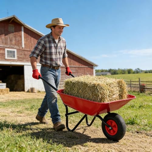 Wheel Barrow Large Metal Utility Cart Wagon with Wheel 12 inch Garden Cart with Steel Tray and Non-Slip Handles Sturdy 220 lbs Capacity for Lawn Farm and Landscaping Outdoor Sand Leaves and Soil