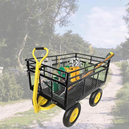 Heavy Duty 1400 lbs Capacity Steel Garden Cart with Removable Mesh Sides & 16" Tires, Convertible Flatbed Utility Wagon for Farm, Yard, Lawn, and Beach Use, Yellow - color: Yellow, size: 1400 LBS