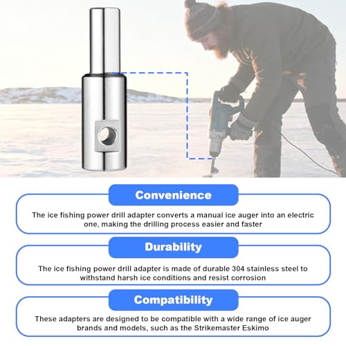 Ice Auger Drill Bit Adapter, Stainless Steel Ice Auger Drill Attachment Fit for 1/2 inch/ 1.27 cm & 1/4 inch/0.64 cm Holes Winter Fishing Tool Compatible with Strikemaster, Eskimo, etc