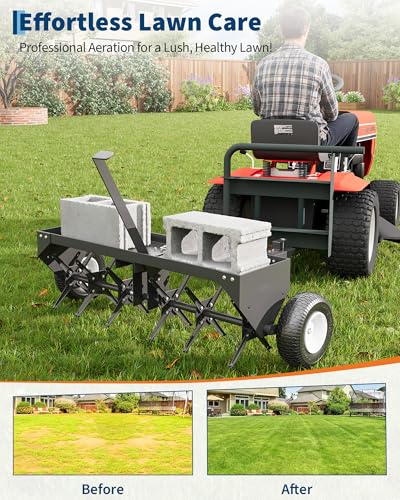 40/48-Inch Tow-Behind Lawn Plug Aerator with Universal Hitch, Heavy-Duty Galvanized Steel & 10-Inch Inflatable Traction Wheels, Adjustable Weight Tray for Residential/Commercial Lawns, Gardens, Farms