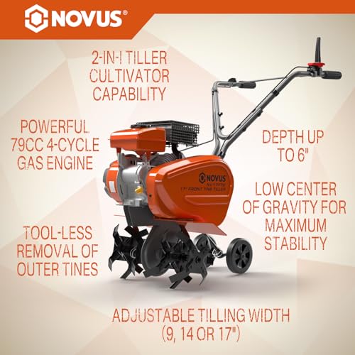 NOVUS 2-in-1 Gas Tiller for Gardening, 4-Cycle Front Tine Tiller Cultivator,9"-17" Tool-Free Tilling Width Adjustment, 24 Steel Tines, Never-Flat Wheels, 79CC Garden Tiller for Lawn, Soil Cultivation