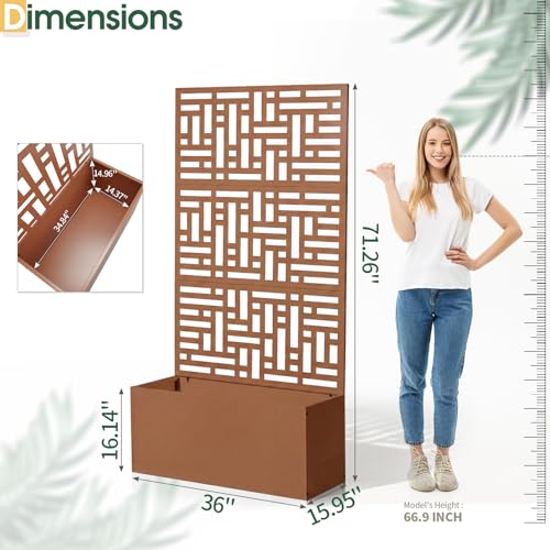 VINGLI 71"H Metal Raised Garden Bed with Trellis, Outdoor Planter Box for Climbing Vegetables, Fruits and Flowers, Privacy Screen, for Backyard, Patio, Balcony (Brown)