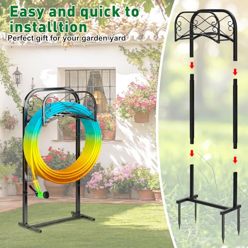 Gtongoko Garden Hose Holder for Outside 43" Heavy Duty Freestanding Water Hose Holder with 4 Stable Spikes Metal Hose Stand Holds Up to 150FT Hose & 44LB Detachable Hose Storage for Yard Lawn Patio - size: 43 Inch
