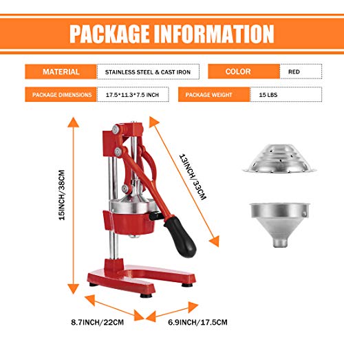 Commercial Heavy Duty Cast Iron Hand Press Manual Orange Citrus Lemon Lime Grapefruit Pomegranate Fruit Juice Squeezer Machine with Stainless Steel Cup Red - color: Red, size: 15 Inch