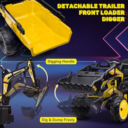 3 in 1 Ride on Tractor, 24V Ride on Toy for Big Kids, Excavator Bulldozer - Battery-Powered Electric Vehicle w/Trailer, Digger, Remote Control, LED Lights, Music, USB, Battery Powered, Yellow - color: Yellow