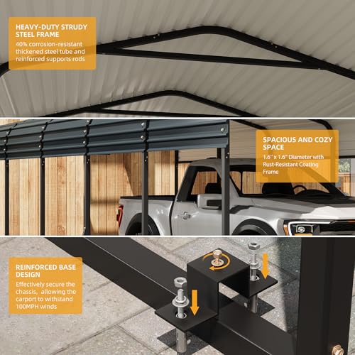GarveeLife 12x20 ft Carport, Metal Carport with Galvanized Steel Roof and Reinforced Base, Heavy Duty Garage Car Shelter Shade, Outdoor Car Port Canopy for SUV, Truck, Boats - size: 12x20FT