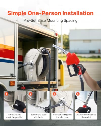 VEVOR Fuel Hose Reel, 3/4 inch x 33 ft Retractable, Spring Driven Auto Swivel Rewind, 300 PSI, Heavy-Duty Carbon Steel Construction with Industrial Grade Rubber Hose, for Diesel Fuel, Kerosene - color: 3/4" 33ft