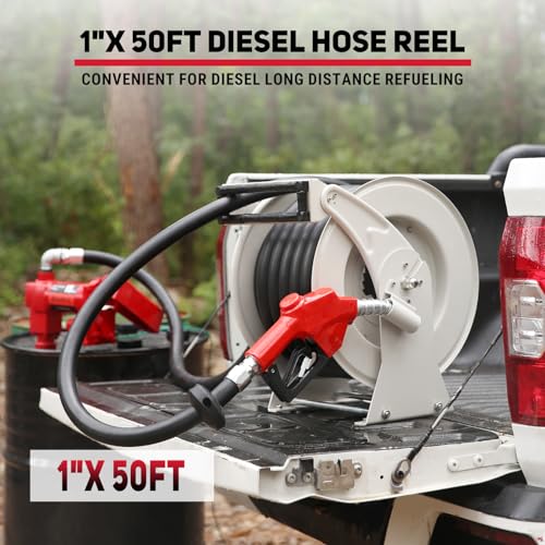 Diesel Fuel Hose Reel 1" x 50', Retractable with Nozzle - color: Silver, size: 1 inch 50FT