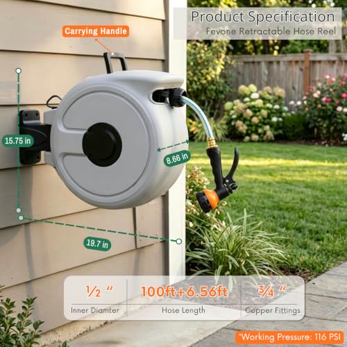 FEVONE Retractable Garden Hose Reel 100 ft, Auto Rewind