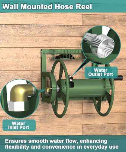 Artigarden Outdoor Wall Mounted Hose Reel with Hook, Garden Heavy-Duty Water Holder Winder with 3.9 ft Leader Hose, Brass Fitting and Storage Basket for Yard, Holds 125 Ft of 5/8-Inch Hoses, Green - color: Green