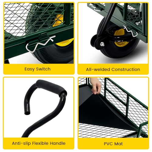 Steel Garden Cart, 2-in-1 Heavy Duty Utility Wagon 900 LBS Capacity Carts with Removable Mesh Sides to Convert into Flatbed, 240° U-Turn 10" Pneumatic Tires Garden Wagon for Lawn Camping Farm Yard - color: Green
