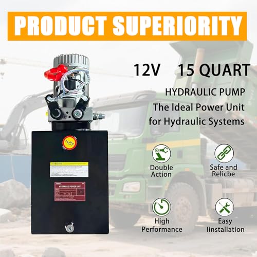 ParnicoTech 15 Quart Hydraulic Power Unit, Double Acting Dump Trailer Pump 12V DC, 3200 PSI Max Relief Pressure, Power Unit Metal Reservoir for Dump Trailer Car Lifting, SAE # 6 Port, Steel - color: 15quart