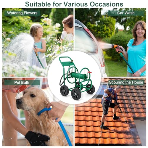 Goplus Garden Hose Reel Cart, Heavy Duty Water Planting Cart w/Non-slip Crank Handle, 4 Solid Wheels, Outdoor Hose Reel Holds 330FT of 3/4", 5/8” & 400FT of 1/2" Hose for Garden Yard Lawn Farm (Green)