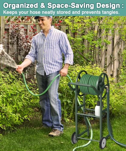 Artigarden Garden Hose Reel Cart with Wheels, Outdoor Heavy Duty Powder Coated Steel Water Winder Storage Holds 125 ft 5/8" Hose with 3.9ft Leader Hose and Basket for Backyard, Yard, Lawn, Green - color: Green
