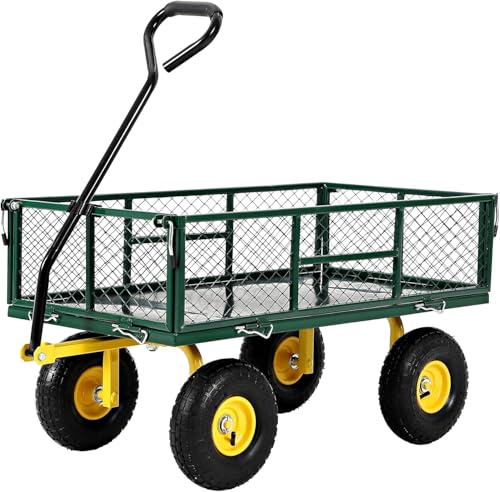 900 lbs Heavy Duty Steel Garden Cart, Garden Wagon Cart on Wheels, Outdoor Metal Yard Utility Wagon Carts with and Mesh Removable Sides and 180°Rotating Handle,Green - color: Green, size: 900 Lbs Standard
