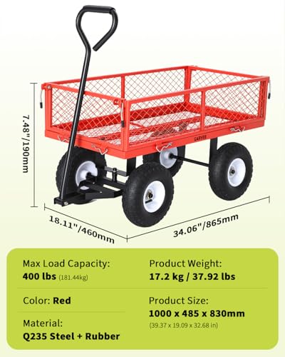 Heavy Duty 400 lbs Garden Cart Wagon – Steel Utility Yard Cart – 10" All-Terrain Pneumatic Tires – Removable Mesh Sides, Waterproof Liner – Easy Maneuvering for Lawn, Farm, Outdoor - color: Red