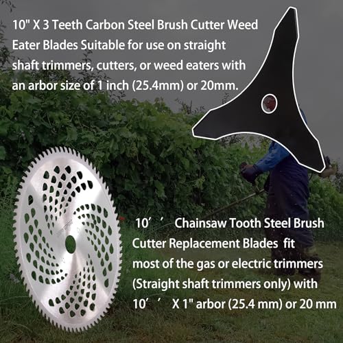 PLAXNS 10" x 3 Teeth Carbon Steel Brush Cutter Blades,10" x 80T Carbide Tip Brush Cutter Trimmer Compatible for Husqvarna, Stihl, Oregon, and Hitachi Trimmer, Lawnmower (with 2 Different Adapter Kits) - size: 10+10 inch+Adapter