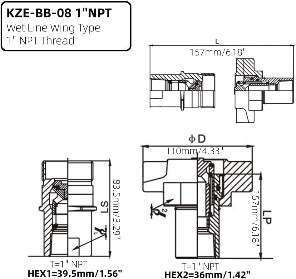 1" NPT Wet-Line Wing Nut Heavy Duty Hydraulic Quick Disconnect Coupler/Coupling Set for Live Bed Dump Trailer Hydraulic Systems - size: 1“ NPT