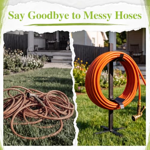 Moxweyeni Garden Hose Reel Holder Stand with Ground Stakes, up to 150-ft Hoses, Detachable Metal Water Hose Holder, Heavy Duty Garden Storage Rack for Outside Yard Lawn