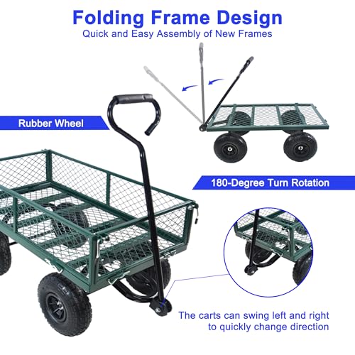 Steel Garden Cart, 2-in-1 600 lbs Heavy Duty Utility Wagon, with Removable Mesh Sides to Convert into Flatbed, 240° U-Turn 10" Pneumatic Tires Garden Wagon for Farm Yard Lawn Garden Camping (green) - color: Green