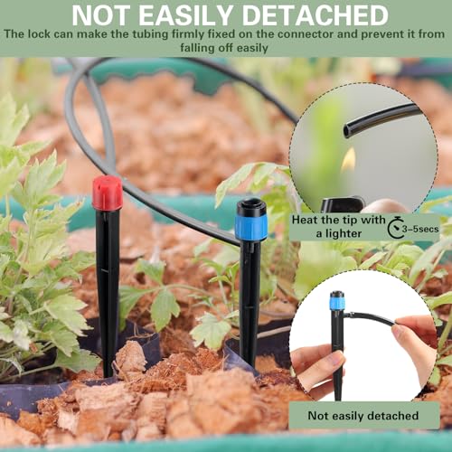 SiliFine 32 Pcs Drip Irrigation Emitters Garden Drip Emitters for 1/4 Inch Tubing Irrigation Drippers Sprayer 360 Degree Water Flow Drippers for Garden Flower Bed(Red and Blue,Single Hook) - style: Minimalist