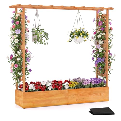 S AFSTAR 77-Inch Raised Garden Bed with Arch Trellis, Hanging Roof & Drainage Holes, Vertical Plant Container for Vine Climbing Plant Flower, Indoor Outdoor Wood Elevated Planter Box for Garden - size: 77"L x 17"W x 70"H