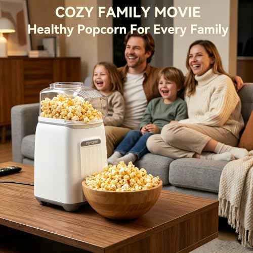 Hot Air Popcorn Maker, 1200W No Oil No Preheat Air Popcorn Popper, 2 Minutes Fast Heating Electric Popcorn Machine with Precision Measuring Cup, Easy to Clean Compact for Home Movie Night Party Office