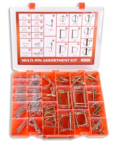 358 PCS Multi-Pin Assortment Kit, Includes Hitch Pins, Lynch Pins, PTO Pins for Tractors, Trailers, Trucks, Mowers, Snow Plows, Trash Can Couplers and Farm Equipment, Heavy Duty Trailers Accessories