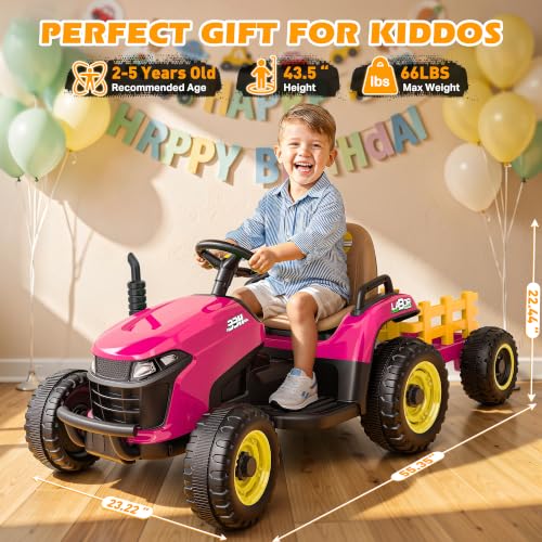 ARBELI 12V 7AH Kids Ride On Tractor w/Trailer & Remote Control, Pink - color: Pink