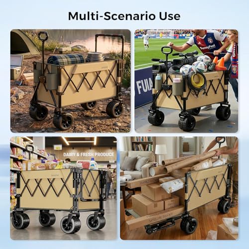 SUNNYFEEL 550LBS Collapsible Wagon Cart - Heavy Duty Push Pull Foldable Wagon with Dual Handles and Big Wheel,Utility Cart with Rear Tailgate for Camping, Fishing, Gardening, Shopping, Grey - color: Brown