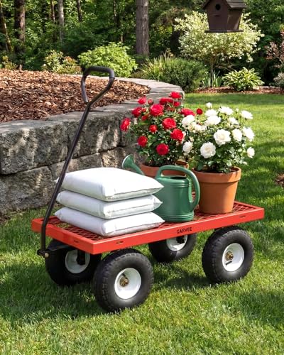 Garvee Versatile Outdoor Utility Cart - 400LBS Heavy-Duty, 10" All-Terrain Pneumatic Tires, Easy Maneuverable Lawn Cart with Removable Mesh Panels for Gardening & Landscaping,Red - color: Red