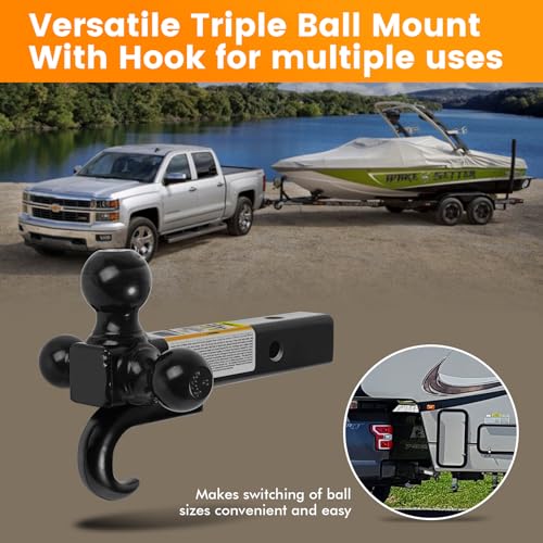 MaxxHaul Triple Ball Mount Hitch with Tow Hook, Fits 2" Receiver – 1-7/8", 2", 2-5/16" Welded Hitch Balls, Class III/IV, 10,000 lb GTW, Heavy-Duty Powder-Coated Steel – 50231 - style: Triple Ball Mount with Hook Hollow Shank, Black