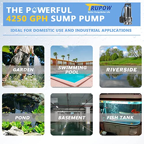 Trupow 1.5HP 110v Submersible Sewage Drain Flood Stainless Steel Clean/Dirty Water Sump Transfer Pond Garden Pump