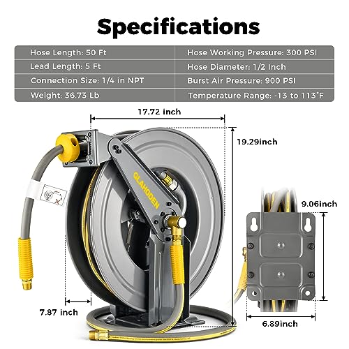 GLAHODEN Double Arm Air Hose Reel 50 ft Retractable, 1/2 in Hybrid Hose Heavy Duty Steel Professional Air Compressor Hose Reel with 5 ft Lead in Max 300PSI Auto Rewind Quick Coupler Swivel Fitting - size: 1/2" 50FT