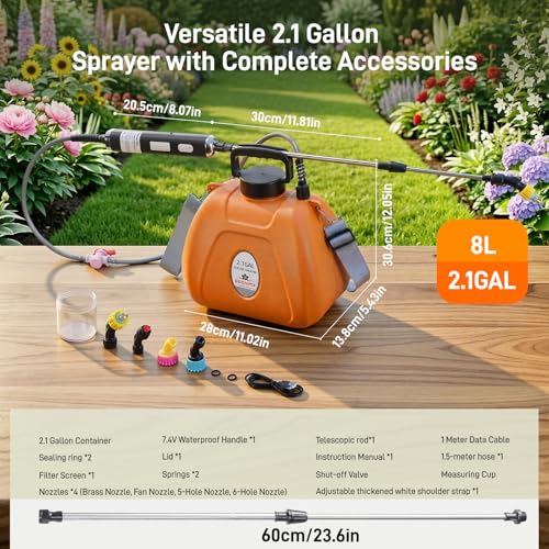 Electric Garden Weed Sprayer 2.1 Gallon, Battery Powered USB Rechargeable Handle w/Indicator, 4 Spray Nozzles, Shut-Off Valve, Retractable Wand, Strap, Auto Pump Plant Mister for Lawn Garden - size: 2.1 Gallon