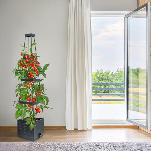MYMULIKE 2 Pack Raised Garden Bed Planter Box with Trellis, 58” Tomato Cage Planter Raised Garden Bed with Trellis for Climbing Vegetables Plants Tomato Cage w/Self-Watering, Indoor Outdoor Use