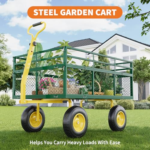 3-in-1 Heavy-Duty Steel Garden Cart, 1400 Lbs Garden Wagon, with 13 Inch All-Terrain Tires and Removable Mesh Side Panels, 180° Rotating Handle, Metal Utility Yard Trailer, Outdoor Gardens Wagon Cart - color: Green + Yellow, size: 1400 Lb