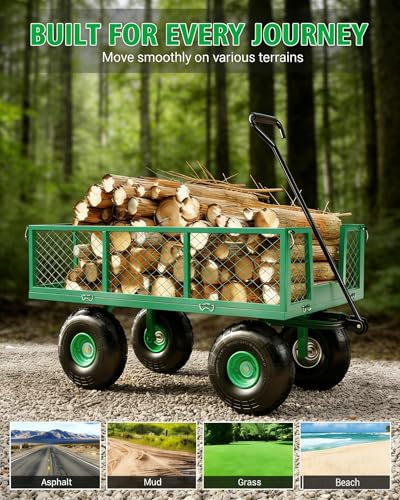 500 LBS Heavy Duty Steel Garden Cart, 3-in-1 Yard Wagon, 10" Air Tires - color: Green, size: 500LBS