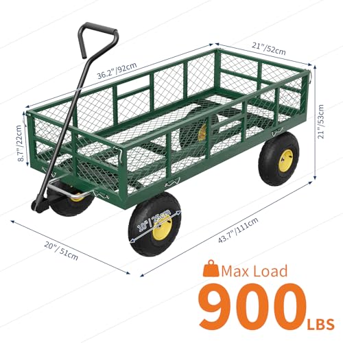 900 lb Heavy Duty Steel Garden Dump Cart, Utility Yard Wagon - Removable Mesh Sides - 10" Pneumatic Tires - 180° Swivel Handle - Outdoor Lawn & Farm Hauling - Green/Black/Yellow, TC1840-3 - color: Green