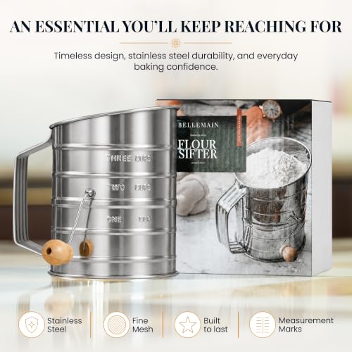 Bellemain Stainless Steel Flour Sifter for Baking with Hand Crank - 3 Cup - size: 3 Cup